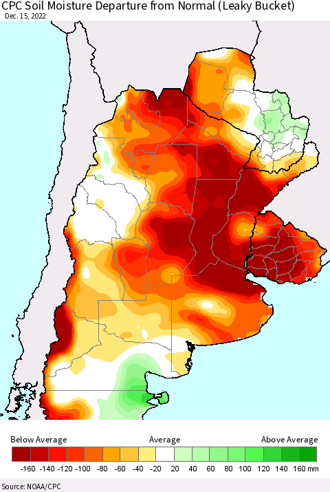 Southern South America CPC Soil Moisture Departure from Normal (Leaky Bucket) Thematic Map For 12/11/2022 - 12/15/2022