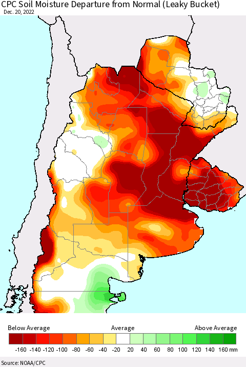 Southern South America CPC Soil Moisture Departure from Normal (Leaky Bucket) Thematic Map For 12/16/2022 - 12/20/2022