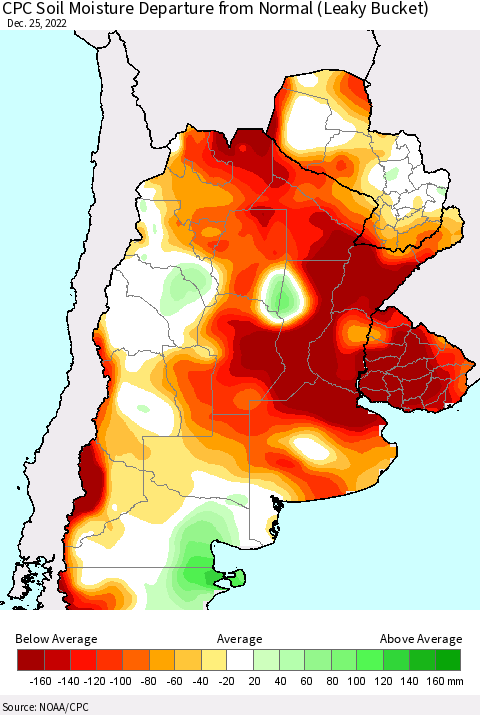 Southern South America CPC Soil Moisture Departure from Normal (Leaky Bucket) Thematic Map For 12/21/2022 - 12/25/2022