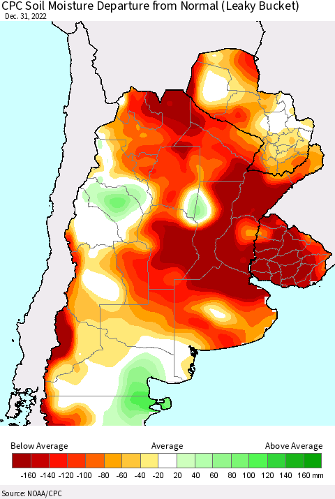 Southern South America CPC Soil Moisture Departure from Normal (Leaky Bucket) Thematic Map For 12/26/2022 - 12/31/2022