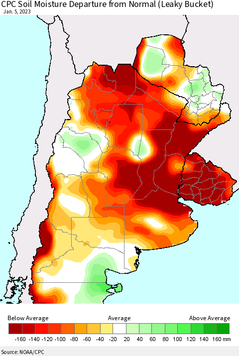 Southern South America CPC Soil Moisture Departure from Normal (Leaky Bucket) Thematic Map For 1/1/2023 - 1/5/2023