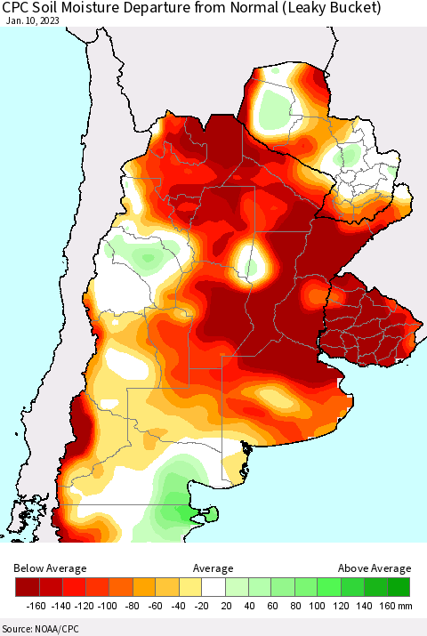 Southern South America CPC Soil Moisture Departure from Normal (Leaky Bucket) Thematic Map For 1/6/2023 - 1/10/2023