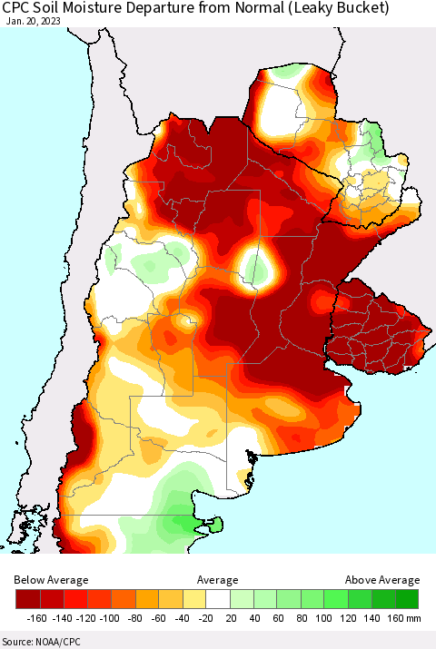 Southern South America CPC Soil Moisture Departure from Normal (Leaky Bucket) Thematic Map For 1/16/2023 - 1/20/2023