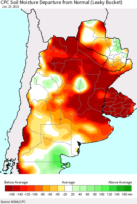 Southern South America CPC Soil Moisture Departure from Normal (Leaky Bucket) Thematic Map For 1/21/2023 - 1/25/2023