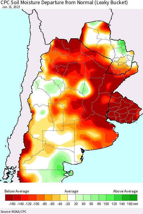 Southern South America CPC Soil Moisture Departure from Normal (Leaky Bucket) Thematic Map For 1/26/2023 - 1/31/2023