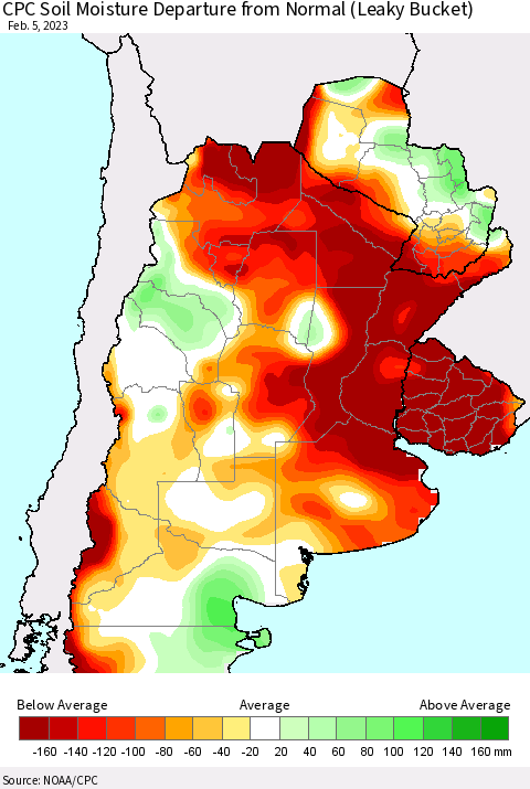 Southern South America CPC Soil Moisture Departure from Normal (Leaky Bucket) Thematic Map For 2/1/2023 - 2/5/2023