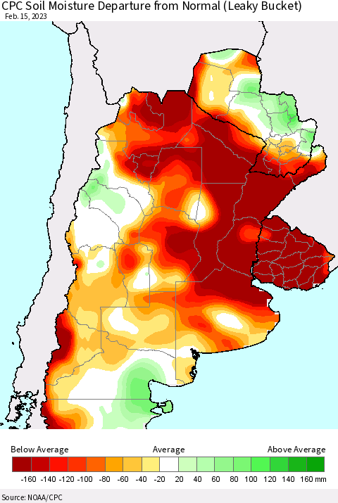 Southern South America CPC Soil Moisture Departure from Normal (Leaky Bucket) Thematic Map For 2/11/2023 - 2/15/2023