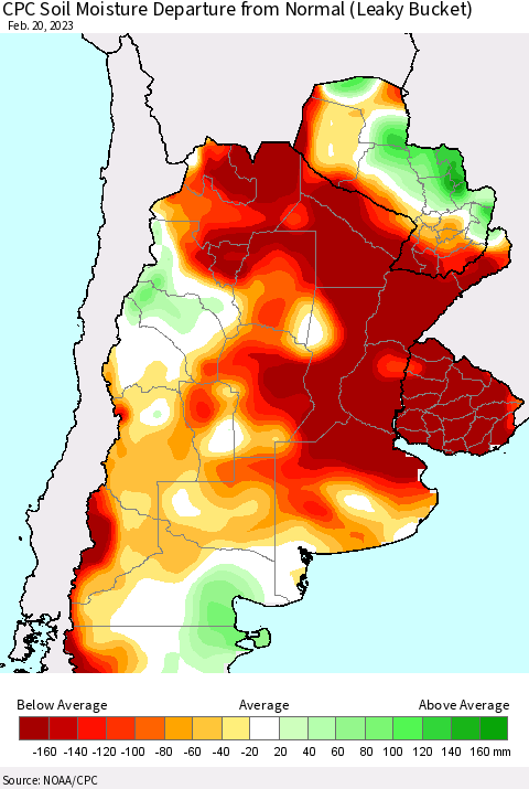 Southern South America CPC Soil Moisture Departure from Normal (Leaky Bucket) Thematic Map For 2/16/2023 - 2/20/2023
