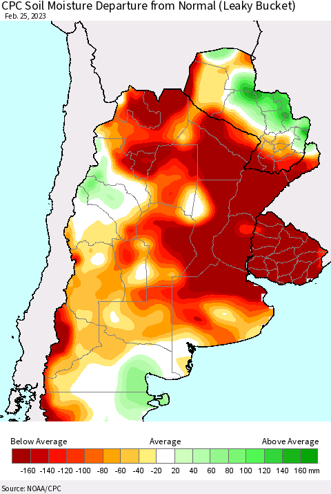 Southern South America CPC Soil Moisture Departure from Normal (Leaky Bucket) Thematic Map For 2/21/2023 - 2/25/2023