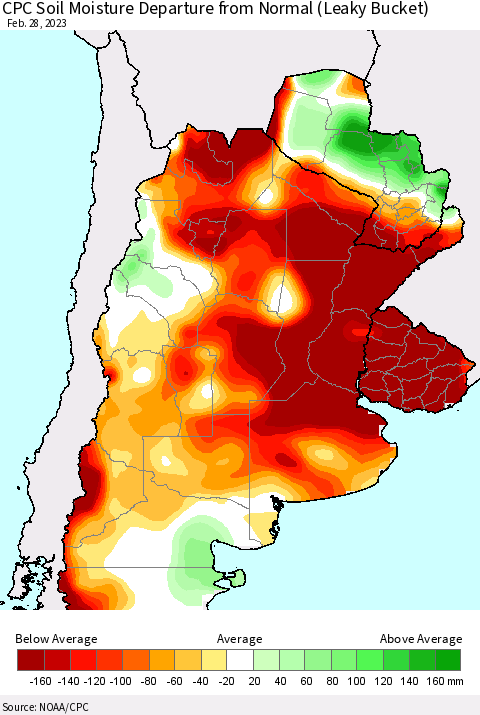 Southern South America CPC Soil Moisture Departure from Normal (Leaky Bucket) Thematic Map For 2/26/2023 - 2/28/2023