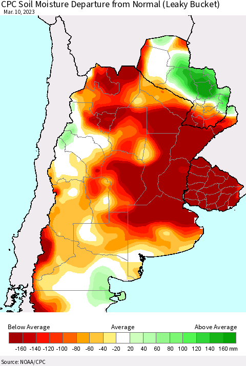 Southern South America CPC Soil Moisture Departure from Normal (Leaky Bucket) Thematic Map For 3/6/2023 - 3/10/2023