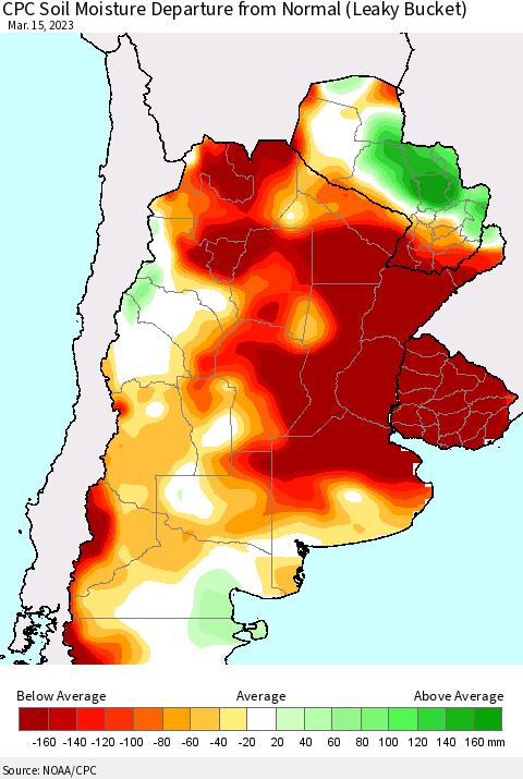 Southern South America CPC Soil Moisture Departure from Normal (Leaky Bucket) Thematic Map For 3/11/2023 - 3/15/2023