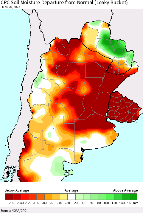 Southern South America CPC Soil Moisture Departure from Normal (Leaky Bucket) Thematic Map For 3/16/2023 - 3/20/2023