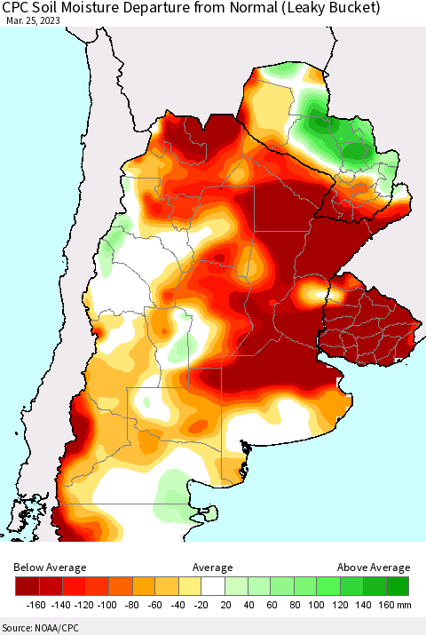 Southern South America CPC Soil Moisture Departure from Normal (Leaky Bucket) Thematic Map For 3/21/2023 - 3/25/2023