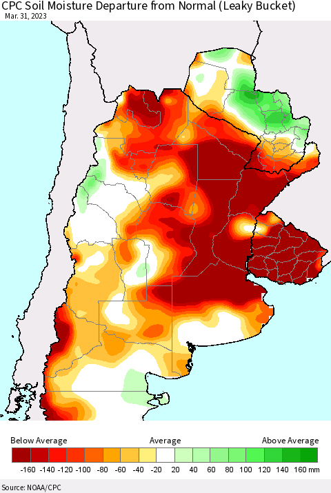 Southern South America CPC Soil Moisture Departure from Normal (Leaky Bucket) Thematic Map For 3/26/2023 - 3/31/2023
