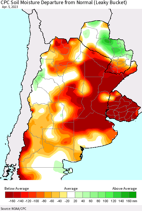 Southern South America CPC Soil Moisture Departure from Normal (Leaky Bucket) Thematic Map For 4/1/2023 - 4/5/2023