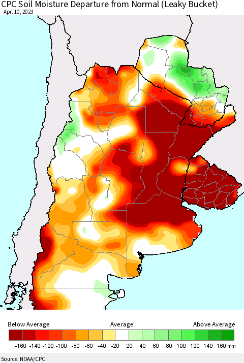 Southern South America CPC Soil Moisture Departure from Normal (Leaky Bucket) Thematic Map For 4/6/2023 - 4/10/2023