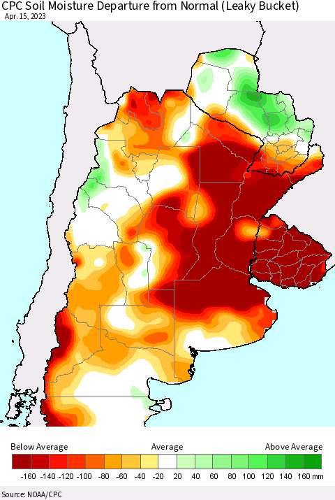 Southern South America CPC Soil Moisture Departure from Normal (Leaky Bucket) Thematic Map For 4/11/2023 - 4/15/2023