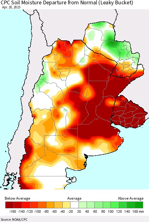Southern South America CPC Soil Moisture Departure from Normal (Leaky Bucket) Thematic Map For 4/16/2023 - 4/20/2023