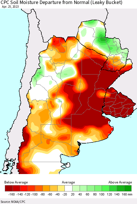 Southern South America CPC Soil Moisture Departure from Normal (Leaky Bucket) Thematic Map For 4/21/2023 - 4/25/2023