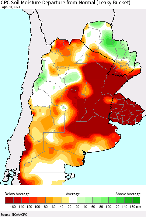 Southern South America CPC Soil Moisture Departure from Normal (Leaky Bucket) Thematic Map For 4/26/2023 - 4/30/2023