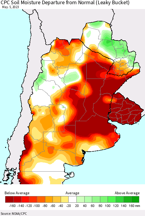 Southern South America CPC Soil Moisture Departure from Normal (Leaky Bucket) Thematic Map For 5/1/2023 - 5/5/2023