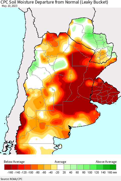 Southern South America CPC Soil Moisture Departure from Normal (Leaky Bucket) Thematic Map For 5/6/2023 - 5/10/2023