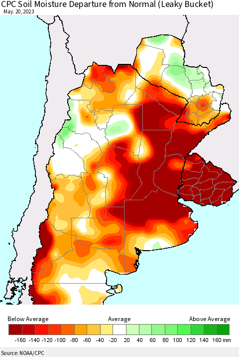 Southern South America CPC Soil Moisture Departure from Normal (Leaky Bucket) Thematic Map For 5/16/2023 - 5/20/2023