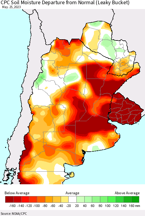 Southern South America CPC Soil Moisture Departure from Normal (Leaky Bucket) Thematic Map For 5/21/2023 - 5/25/2023