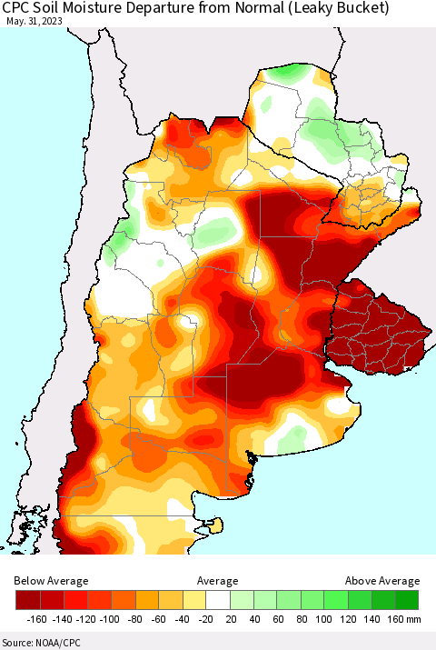 Southern South America CPC Soil Moisture Departure from Normal (Leaky Bucket) Thematic Map For 5/26/2023 - 5/31/2023