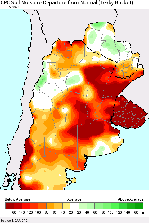 Southern South America CPC Soil Moisture Departure from Normal (Leaky Bucket) Thematic Map For 6/1/2023 - 6/5/2023