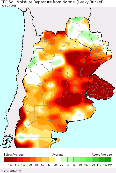 Southern South America CPC Soil Moisture Departure from Normal (Leaky Bucket) Thematic Map For 6/21/2023 - 6/25/2023