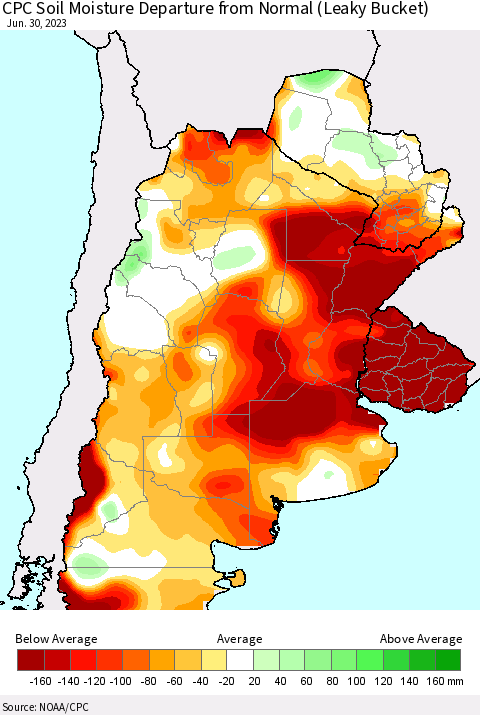 Southern South America CPC Soil Moisture Departure from Normal (Leaky Bucket) Thematic Map For 6/26/2023 - 6/30/2023