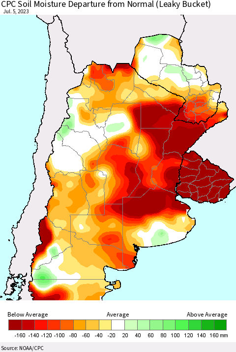 Southern South America CPC Soil Moisture Departure from Normal (Leaky Bucket) Thematic Map For 7/1/2023 - 7/5/2023