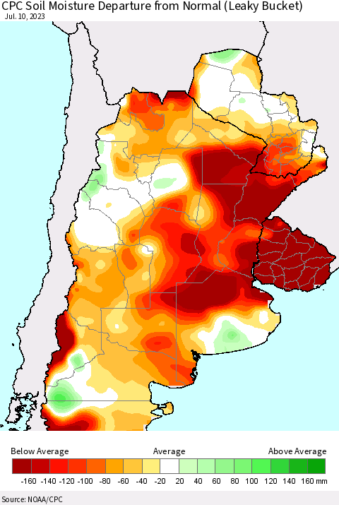 Southern South America CPC Soil Moisture Departure from Normal (Leaky Bucket) Thematic Map For 7/6/2023 - 7/10/2023