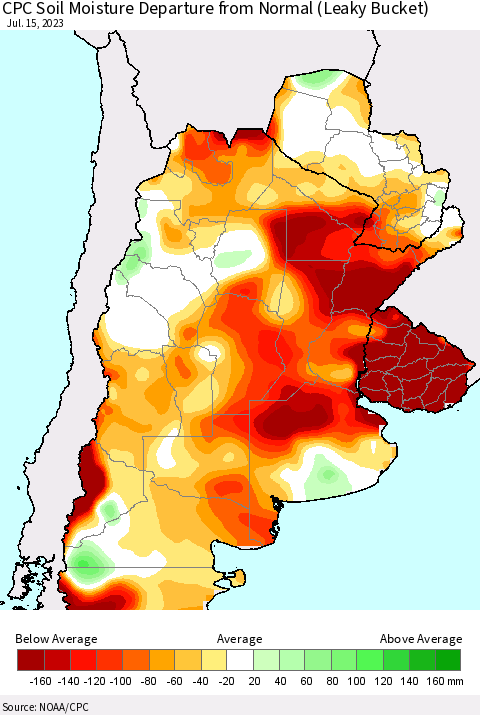 Southern South America CPC Soil Moisture Departure from Normal (Leaky Bucket) Thematic Map For 7/11/2023 - 7/15/2023