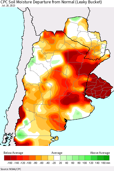 Southern South America CPC Soil Moisture Departure from Normal (Leaky Bucket) Thematic Map For 7/16/2023 - 7/20/2023