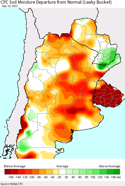 Southern South America CPC Soil Moisture Departure from Normal (Leaky Bucket) Thematic Map For 9/6/2023 - 9/10/2023