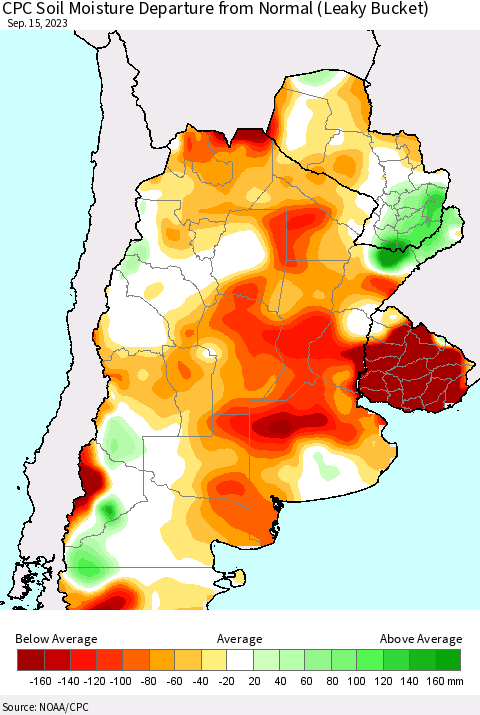 Southern South America CPC Soil Moisture Departure from Normal (Leaky Bucket) Thematic Map For 9/11/2023 - 9/15/2023
