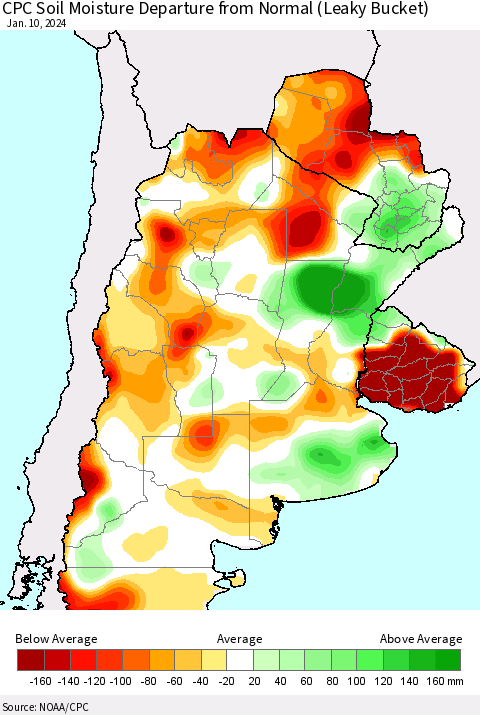 Southern South America CPC Soil Moisture Departure from Normal (Leaky Bucket) Thematic Map For 1/6/2024 - 1/10/2024