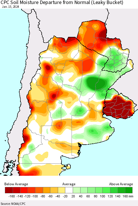 Southern South America CPC Soil Moisture Departure from Normal (Leaky Bucket) Thematic Map For 1/11/2024 - 1/15/2024