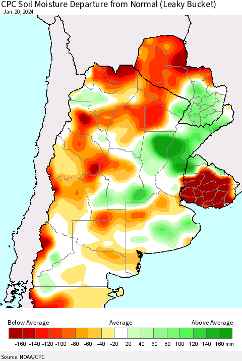Southern South America CPC Soil Moisture Departure from Normal (Leaky Bucket) Thematic Map For 1/16/2024 - 1/20/2024