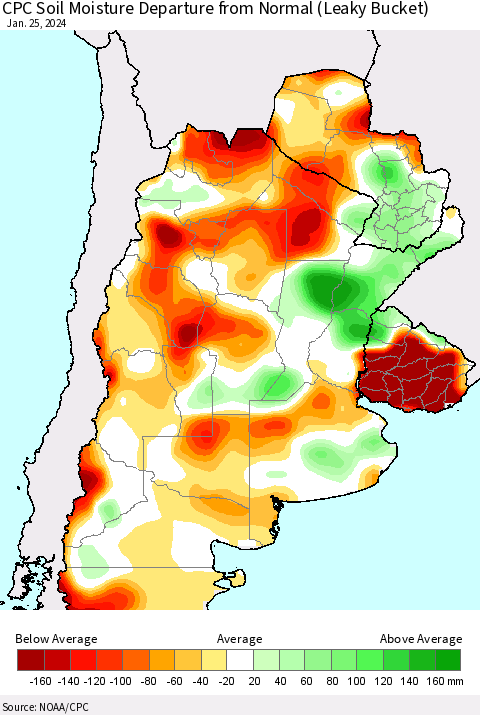 Southern South America CPC Soil Moisture Departure from Normal (Leaky Bucket) Thematic Map For 1/21/2024 - 1/25/2024