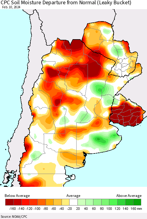 Southern South America CPC Soil Moisture Departure from Normal (Leaky Bucket) Thematic Map For 2/6/2024 - 2/10/2024