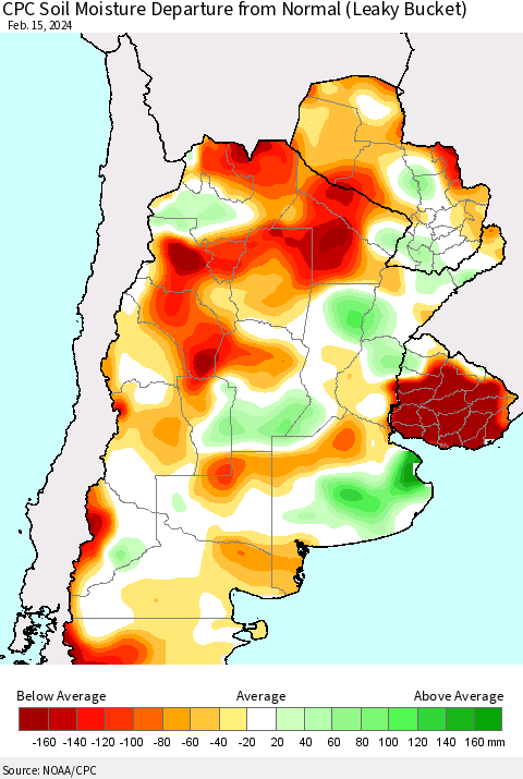 Southern South America CPC Soil Moisture Departure from Normal (Leaky Bucket) Thematic Map For 2/11/2024 - 2/15/2024