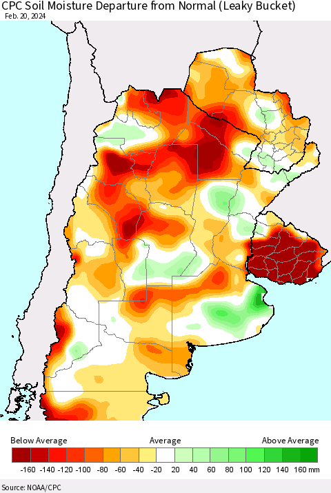 Southern South America CPC Soil Moisture Departure from Normal (Leaky Bucket) Thematic Map For 2/16/2024 - 2/20/2024