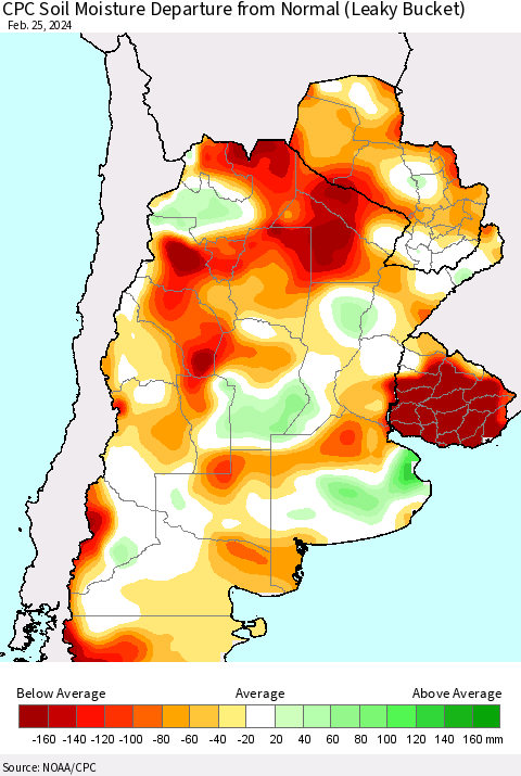Southern South America CPC Soil Moisture Departure from Normal (Leaky Bucket) Thematic Map For 2/21/2024 - 2/25/2024