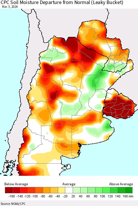 Southern South America CPC Soil Moisture Departure from Normal (Leaky Bucket) Thematic Map For 3/1/2024 - 3/5/2024