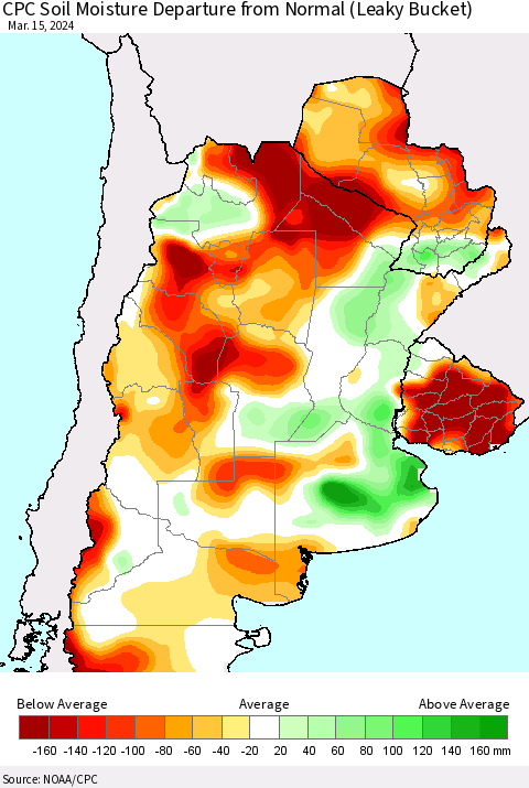 Southern South America CPC Soil Moisture Departure from Normal (Leaky Bucket) Thematic Map For 3/11/2024 - 3/15/2024