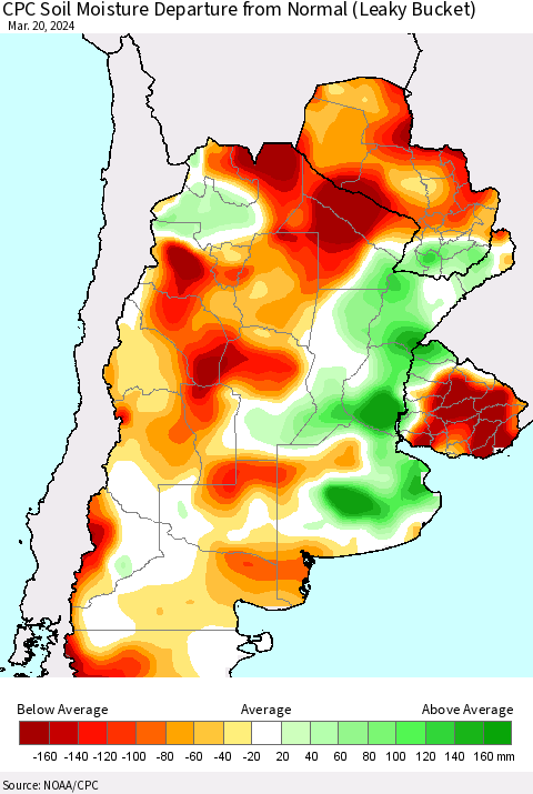 Southern South America CPC Soil Moisture Departure from Normal (Leaky Bucket) Thematic Map For 3/16/2024 - 3/20/2024